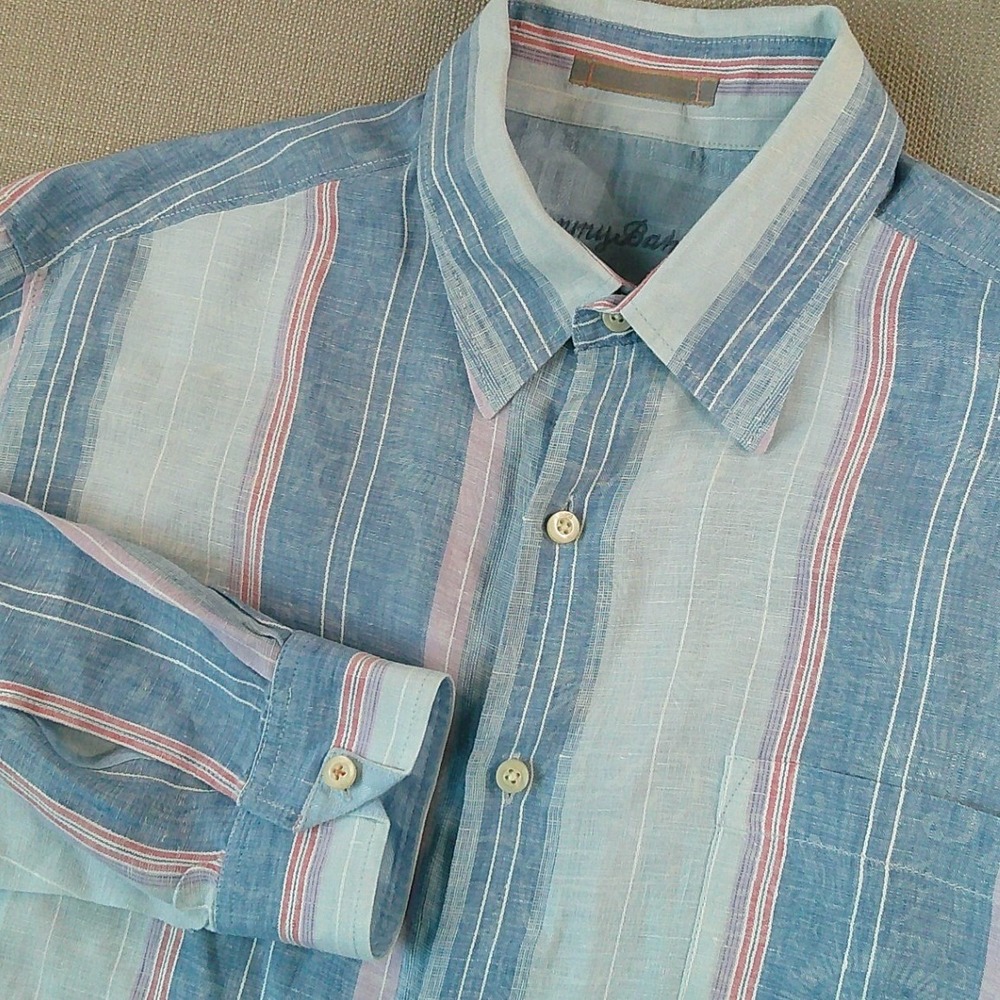 Tommy Bahama Button Up Shirt Mens Large Blue Striped 100% Linen Long Sleeve